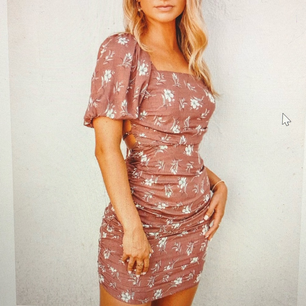 Ruby and Jenna Dress, biker red/purple with floral, with cut out and tie back.